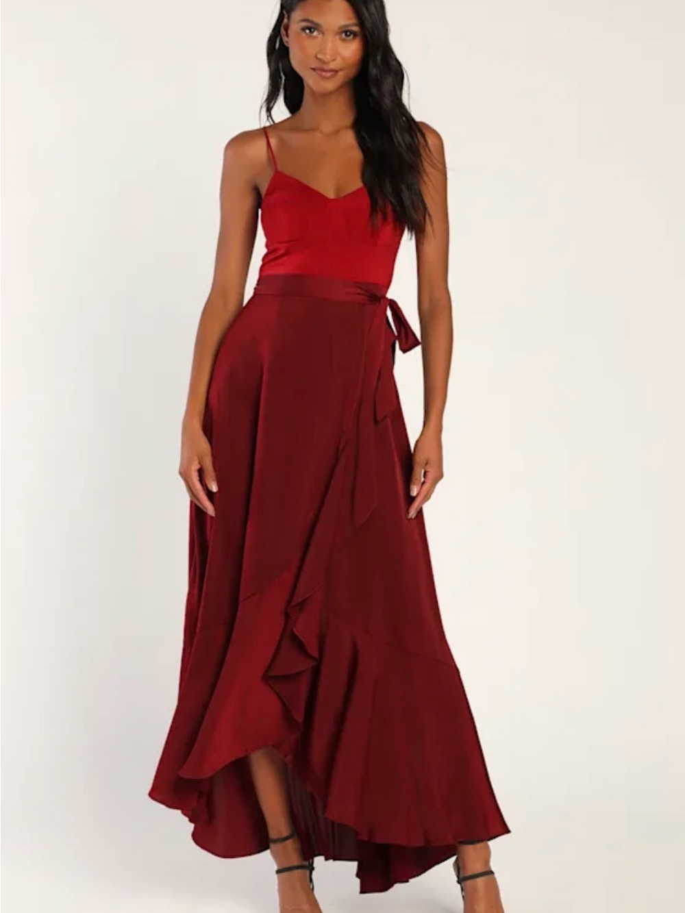 Lulu's Crimson Satin-Trim High-Low Ruffle Maxi Dress
